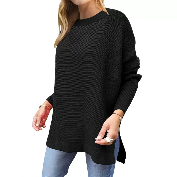imageANRABESS Womens 2023 Casual Oversized Long Batwing Sleeve Crewneck Spilt High Low Hem Knit Tunic Pullover Sweater TopsBlack