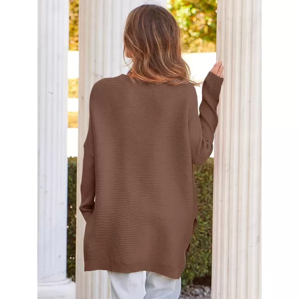 imageANRABESS Womens 2023 Casual Oversized Long Batwing Sleeve Crewneck Spilt High Low Hem Knit Tunic Pullover Sweater TopsBrown