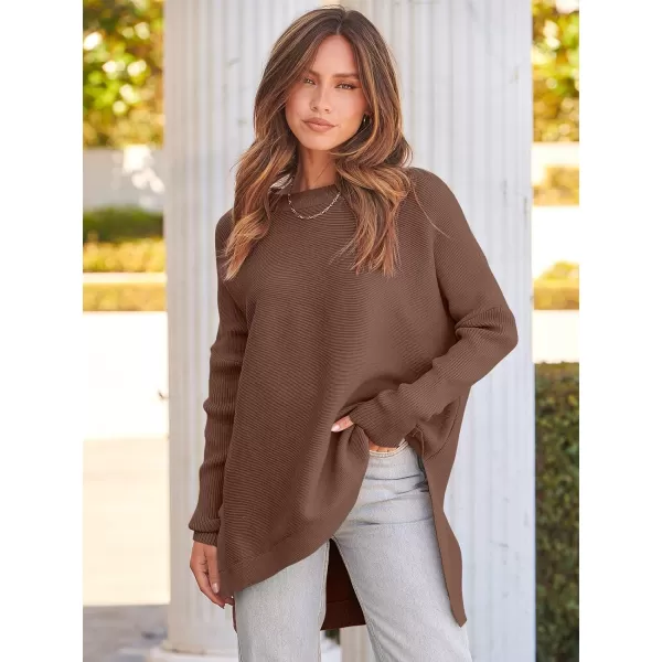 imageANRABESS Womens 2023 Casual Oversized Long Batwing Sleeve Crewneck Spilt High Low Hem Knit Tunic Pullover Sweater TopsBrown