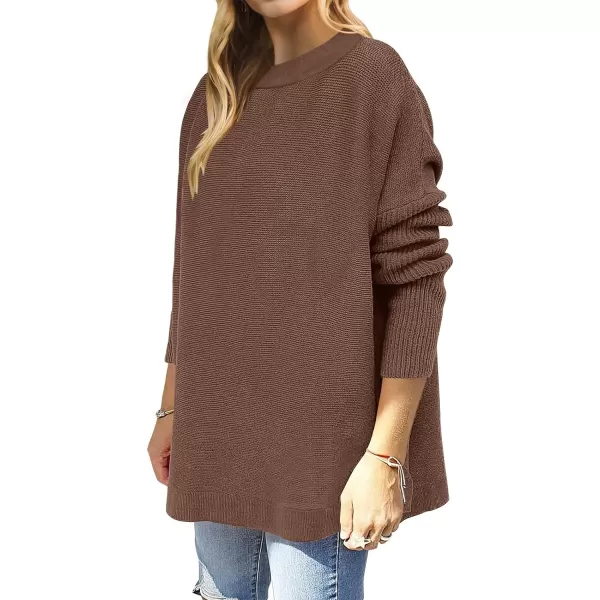 imageANRABESS Womens 2023 Casual Oversized Long Batwing Sleeve Crewneck Spilt High Low Hem Knit Tunic Pullover Sweater TopsBrown
