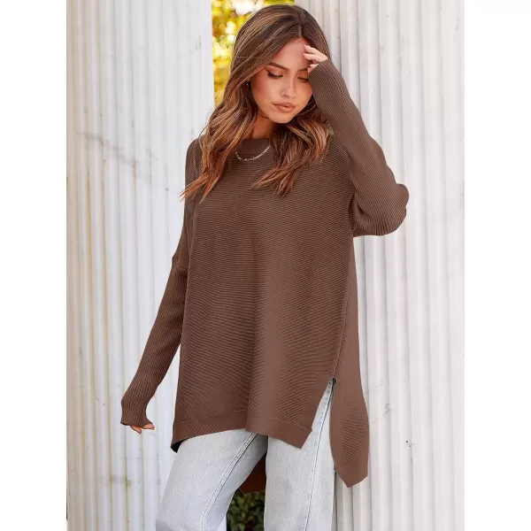 imageANRABESS Womens 2023 Casual Oversized Long Batwing Sleeve Crewneck Spilt High Low Hem Knit Tunic Pullover Sweater TopsBrown