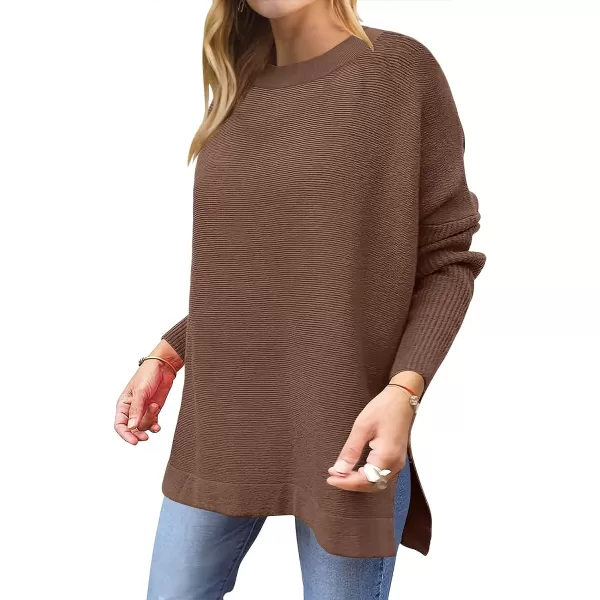 imageANRABESS Womens 2023 Casual Oversized Long Batwing Sleeve Crewneck Spilt High Low Hem Knit Tunic Pullover Sweater TopsBrown