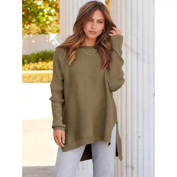 imageANRABESS Womens 2023 Casual Oversized Long Batwing Sleeve Crewneck Spilt High Low Hem Knit Tunic Pullover Sweater TopsCamel