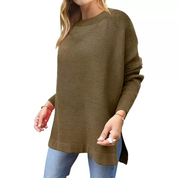 imageANRABESS Womens 2023 Casual Oversized Long Batwing Sleeve Crewneck Spilt High Low Hem Knit Tunic Pullover Sweater TopsCamel