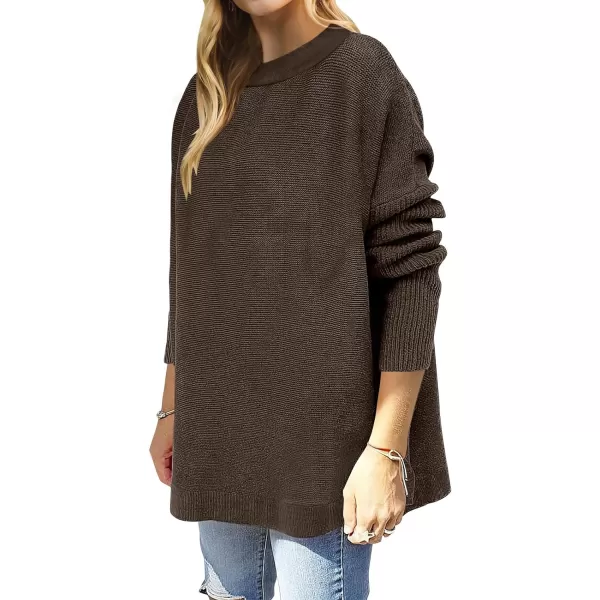 imageANRABESS Womens 2023 Casual Oversized Long Batwing Sleeve Crewneck Spilt High Low Hem Knit Tunic Pullover Sweater TopsCoffee