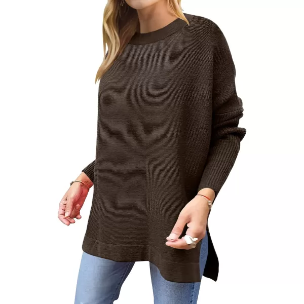 imageANRABESS Womens 2023 Casual Oversized Long Batwing Sleeve Crewneck Spilt High Low Hem Knit Tunic Pullover Sweater TopsCoffee