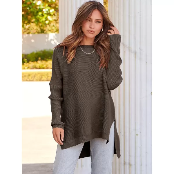 imageANRABESS Womens 2023 Casual Oversized Long Batwing Sleeve Crewneck Spilt High Low Hem Knit Tunic Pullover Sweater TopsCoffee