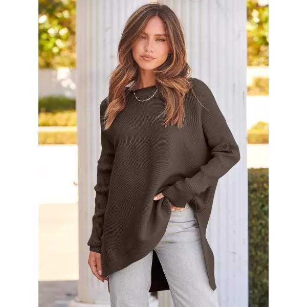 imageANRABESS Womens 2023 Casual Oversized Long Batwing Sleeve Crewneck Spilt High Low Hem Knit Tunic Pullover Sweater TopsCoffee