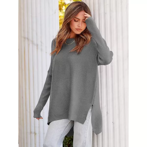 imageANRABESS Womens 2023 Casual Oversized Long Batwing Sleeve Crewneck Spilt High Low Hem Knit Tunic Pullover Sweater TopsDark Gray