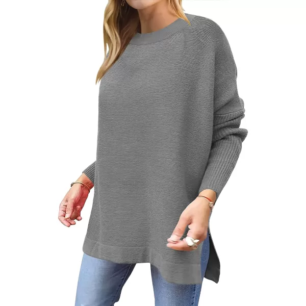 imageANRABESS Womens 2023 Casual Oversized Long Batwing Sleeve Crewneck Spilt High Low Hem Knit Tunic Pullover Sweater TopsDark Gray