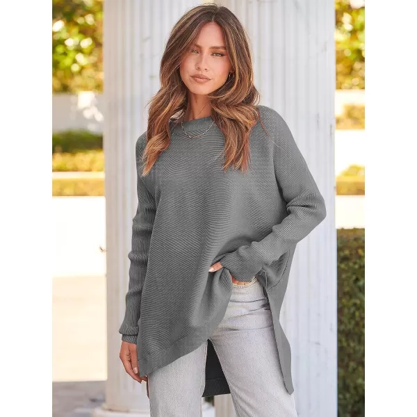 imageANRABESS Womens 2023 Casual Oversized Long Batwing Sleeve Crewneck Spilt High Low Hem Knit Tunic Pullover Sweater TopsDark Gray
