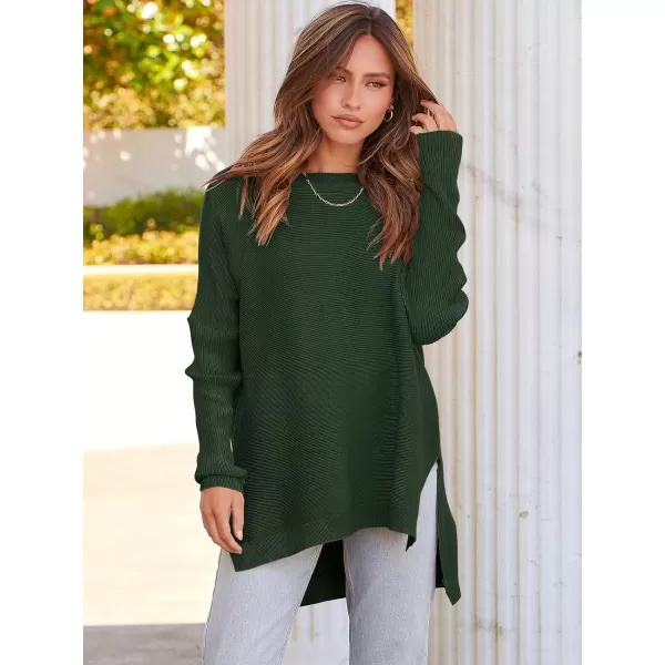imageANRABESS Womens 2023 Casual Oversized Long Batwing Sleeve Crewneck Spilt High Low Hem Knit Tunic Pullover Sweater TopsForest