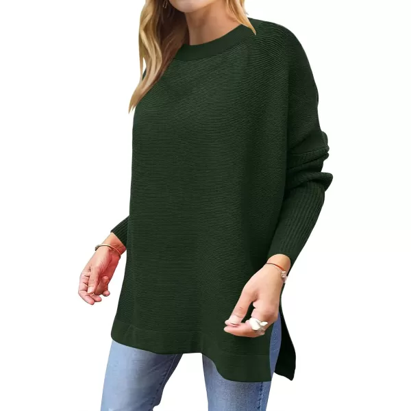 imageANRABESS Womens 2023 Casual Oversized Long Batwing Sleeve Crewneck Spilt High Low Hem Knit Tunic Pullover Sweater TopsForest