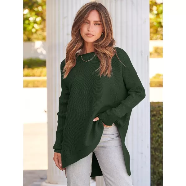 imageANRABESS Womens 2023 Casual Oversized Long Batwing Sleeve Crewneck Spilt High Low Hem Knit Tunic Pullover Sweater TopsForest
