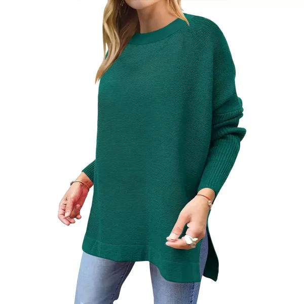imageANRABESS Womens 2023 Casual Oversized Long Batwing Sleeve Crewneck Spilt High Low Hem Knit Tunic Pullover Sweater TopsGrass