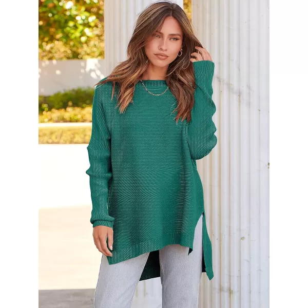 imageANRABESS Womens 2023 Casual Oversized Long Batwing Sleeve Crewneck Spilt High Low Hem Knit Tunic Pullover Sweater TopsGrass