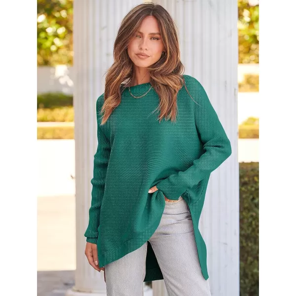 imageANRABESS Womens 2023 Casual Oversized Long Batwing Sleeve Crewneck Spilt High Low Hem Knit Tunic Pullover Sweater TopsGrass