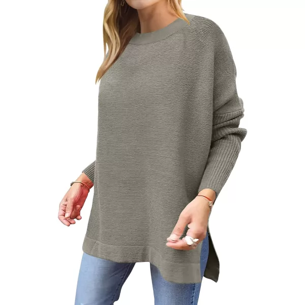imageANRABESS Womens 2023 Casual Oversized Long Batwing Sleeve Crewneck Spilt High Low Hem Knit Tunic Pullover Sweater TopsGray