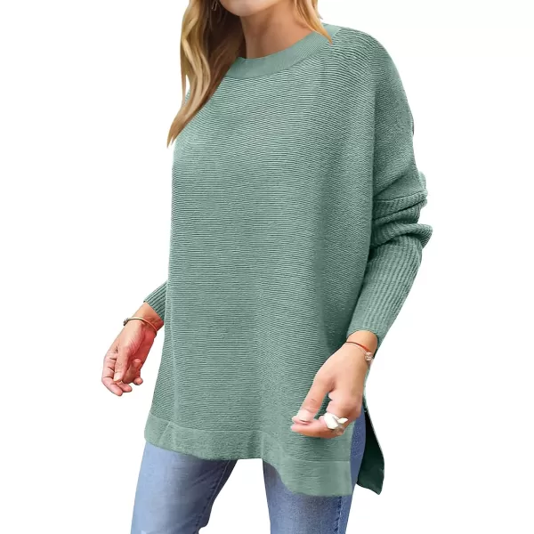imageANRABESS Womens 2023 Casual Oversized Long Batwing Sleeve Crewneck Spilt High Low Hem Knit Tunic Pullover Sweater TopsGray Green