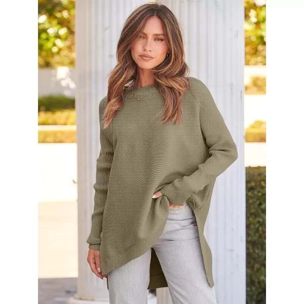 imageANRABESS Womens 2023 Casual Oversized Long Batwing Sleeve Crewneck Spilt High Low Hem Knit Tunic Pullover Sweater TopsGreen