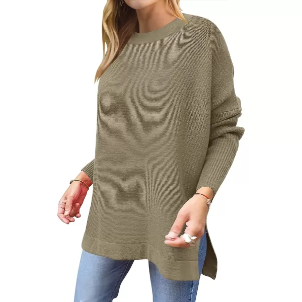 imageANRABESS Womens 2023 Casual Oversized Long Batwing Sleeve Crewneck Spilt High Low Hem Knit Tunic Pullover Sweater TopsGreen