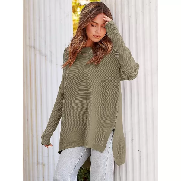imageANRABESS Womens 2023 Casual Oversized Long Batwing Sleeve Crewneck Spilt High Low Hem Knit Tunic Pullover Sweater TopsGreen