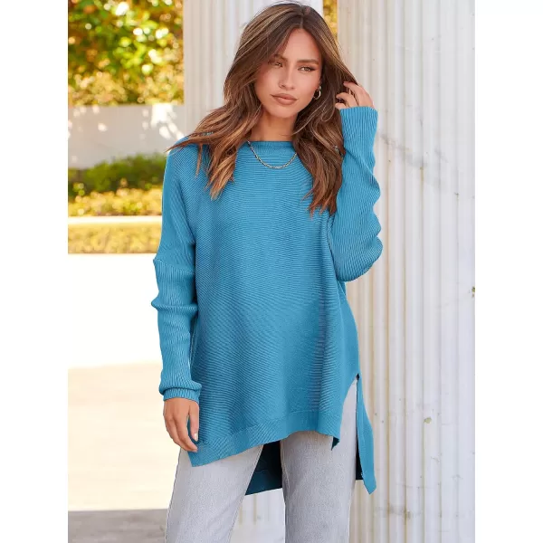 imageANRABESS Womens 2023 Casual Oversized Long Batwing Sleeve Crewneck Spilt High Low Hem Knit Tunic Pullover Sweater TopsLake