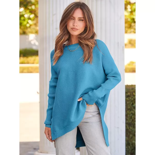 imageANRABESS Womens 2023 Casual Oversized Long Batwing Sleeve Crewneck Spilt High Low Hem Knit Tunic Pullover Sweater TopsLake