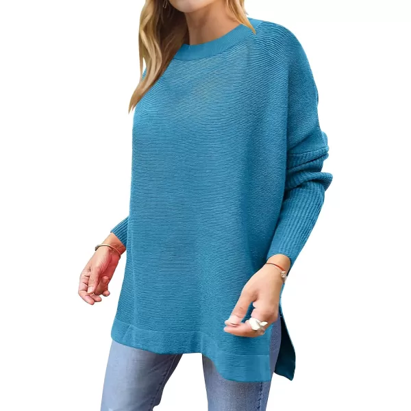imageANRABESS Womens 2023 Casual Oversized Long Batwing Sleeve Crewneck Spilt High Low Hem Knit Tunic Pullover Sweater TopsLake