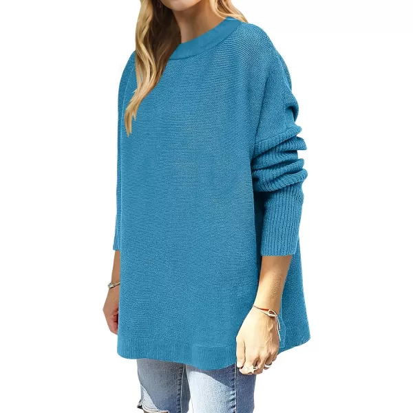 imageANRABESS Womens 2023 Casual Oversized Long Batwing Sleeve Crewneck Spilt High Low Hem Knit Tunic Pullover Sweater TopsLake