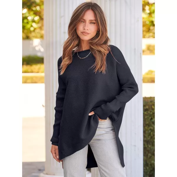 imageANRABESS Womens 2023 Casual Oversized Long Batwing Sleeve Crewneck Spilt High Low Hem Knit Tunic Pullover Sweater TopsNavy Blue