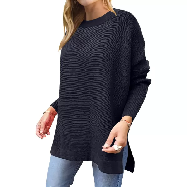 imageANRABESS Womens 2023 Casual Oversized Long Batwing Sleeve Crewneck Spilt High Low Hem Knit Tunic Pullover Sweater TopsNavy Blue