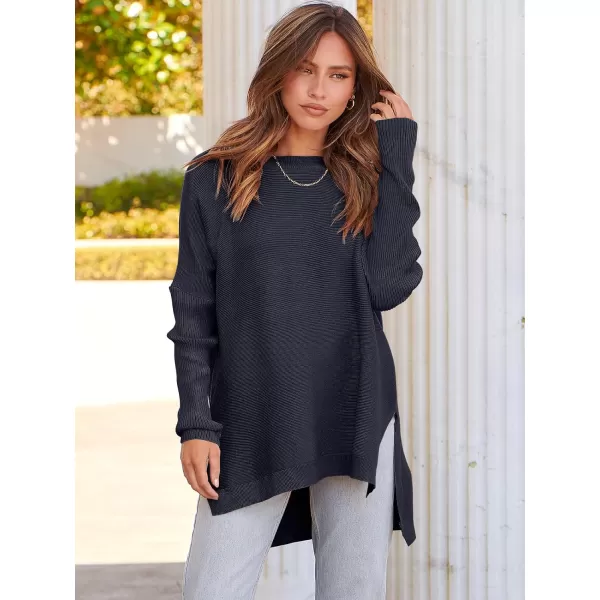 imageANRABESS Womens 2023 Casual Oversized Long Batwing Sleeve Crewneck Spilt High Low Hem Knit Tunic Pullover Sweater TopsNavy Blue