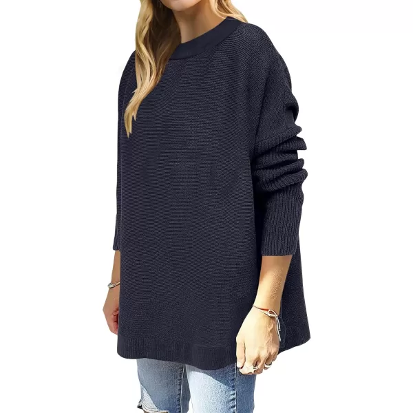 imageANRABESS Womens 2023 Casual Oversized Long Batwing Sleeve Crewneck Spilt High Low Hem Knit Tunic Pullover Sweater TopsNavy Blue
