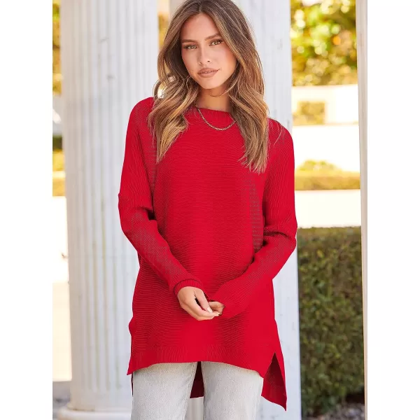 imageANRABESS Womens 2023 Casual Oversized Long Batwing Sleeve Crewneck Spilt High Low Hem Knit Tunic Pullover Sweater TopsRed