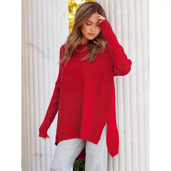 imageANRABESS Womens 2023 Casual Oversized Long Batwing Sleeve Crewneck Spilt High Low Hem Knit Tunic Pullover Sweater TopsRed