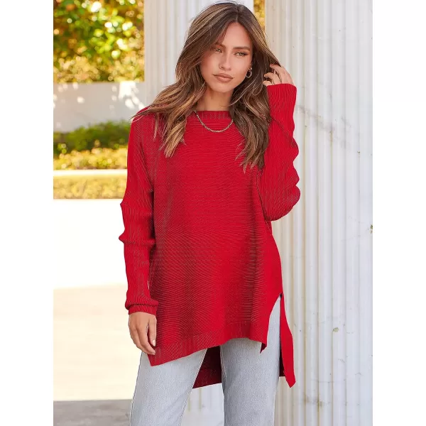 imageANRABESS Womens 2023 Casual Oversized Long Batwing Sleeve Crewneck Spilt High Low Hem Knit Tunic Pullover Sweater TopsRed