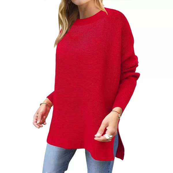 imageANRABESS Womens 2023 Casual Oversized Long Batwing Sleeve Crewneck Spilt High Low Hem Knit Tunic Pullover Sweater TopsRed