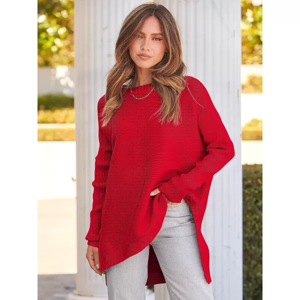 imageANRABESS Womens 2023 Casual Oversized Long Batwing Sleeve Crewneck Spilt High Low Hem Knit Tunic Pullover Sweater TopsRed