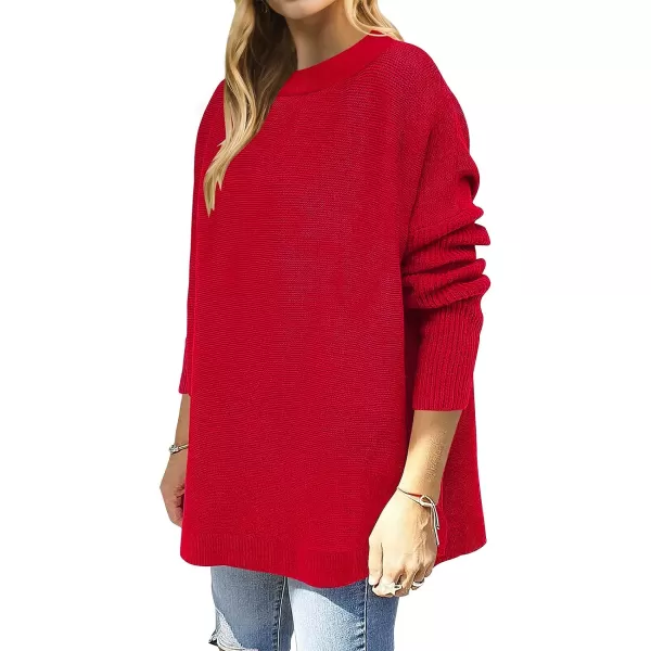 imageANRABESS Womens 2023 Casual Oversized Long Batwing Sleeve Crewneck Spilt High Low Hem Knit Tunic Pullover Sweater TopsRed