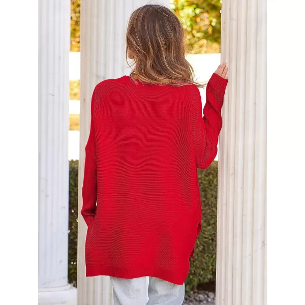 imageANRABESS Womens 2023 Casual Oversized Long Batwing Sleeve Crewneck Spilt High Low Hem Knit Tunic Pullover Sweater TopsRed