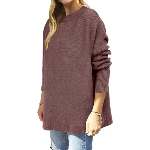 imageANRABESS Womens 2023 Casual Oversized Long Batwing Sleeve Crewneck Spilt High Low Hem Knit Tunic Pullover Sweater TopsRed Brown