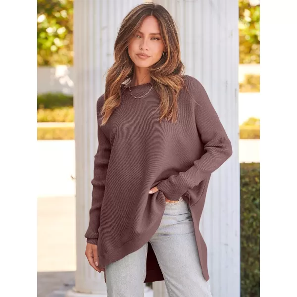 imageANRABESS Womens 2023 Casual Oversized Long Batwing Sleeve Crewneck Spilt High Low Hem Knit Tunic Pullover Sweater TopsRed Brown