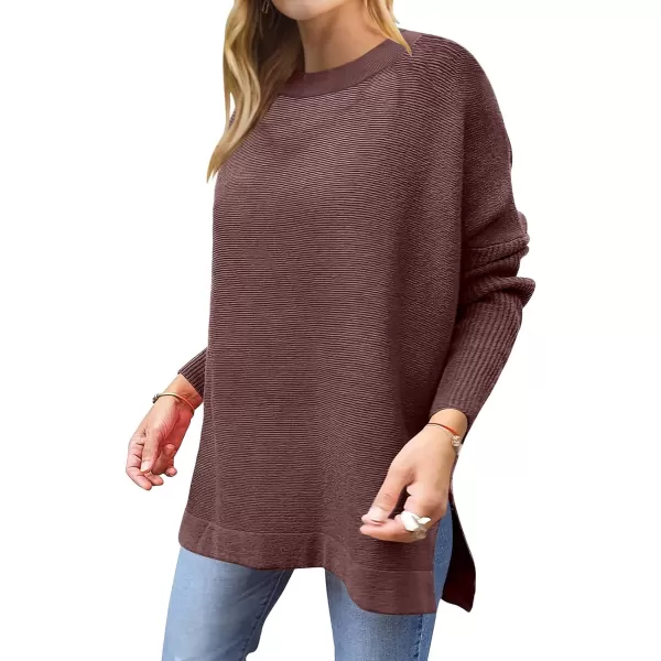 imageANRABESS Womens 2023 Casual Oversized Long Batwing Sleeve Crewneck Spilt High Low Hem Knit Tunic Pullover Sweater TopsRed Brown
