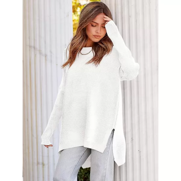 imageANRABESS Womens 2023 Casual Oversized Long Batwing Sleeve Crewneck Spilt High Low Hem Knit Tunic Pullover Sweater TopsWhite