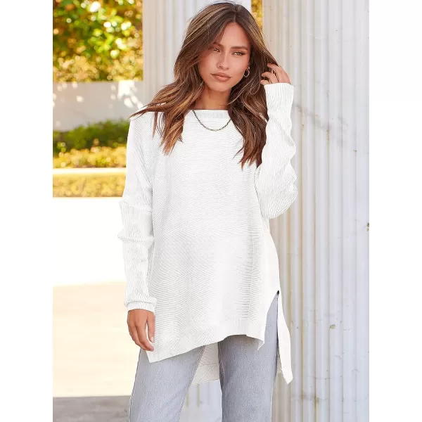 imageANRABESS Womens 2023 Casual Oversized Long Batwing Sleeve Crewneck Spilt High Low Hem Knit Tunic Pullover Sweater TopsWhite