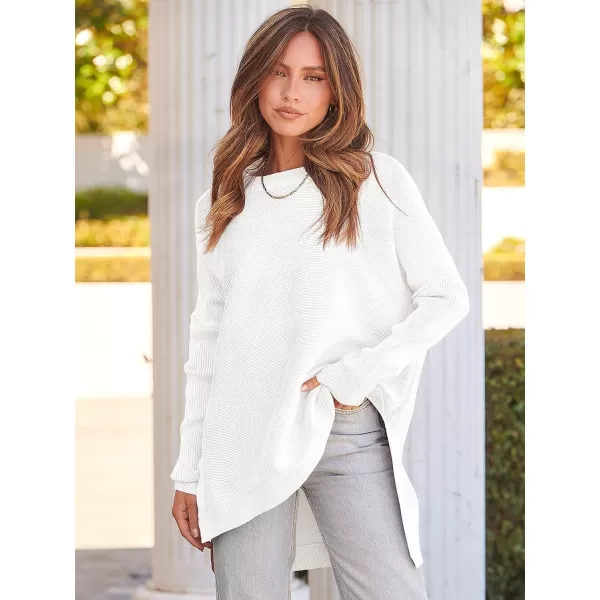 imageANRABESS Womens 2023 Casual Oversized Long Batwing Sleeve Crewneck Spilt High Low Hem Knit Tunic Pullover Sweater TopsWhite