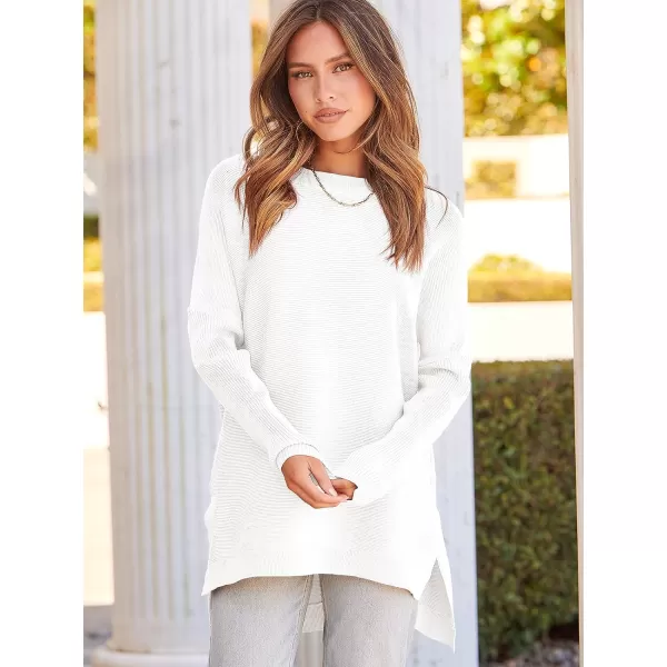 imageANRABESS Womens 2023 Casual Oversized Long Batwing Sleeve Crewneck Spilt High Low Hem Knit Tunic Pullover Sweater TopsWhite