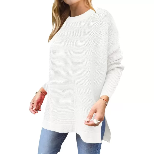 imageANRABESS Womens 2023 Casual Oversized Long Batwing Sleeve Crewneck Spilt High Low Hem Knit Tunic Pullover Sweater TopsWhite