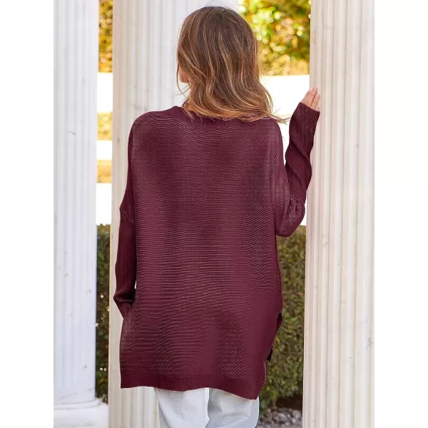 imageANRABESS Womens 2023 Casual Oversized Long Batwing Sleeve Crewneck Spilt High Low Hem Knit Tunic Pullover Sweater TopsWine Red